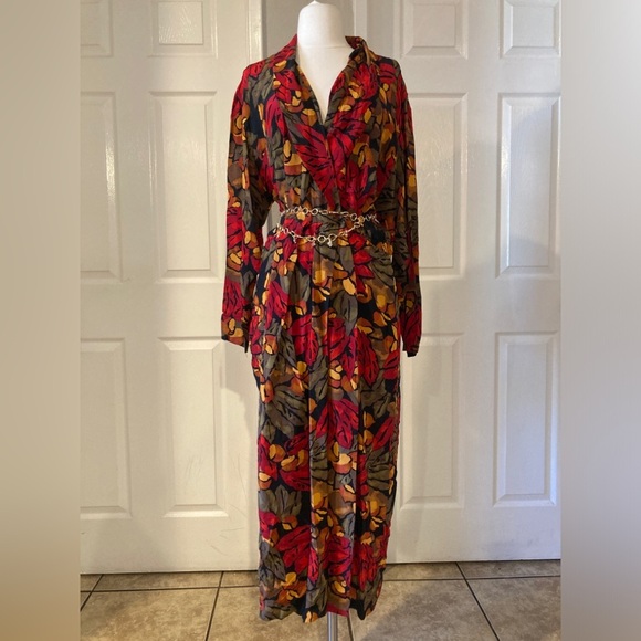 VINTAGE GILLIAN- DRESS 100%SILK Vibrant Red and Orange Leaf Print Dress - Picture 1 of 15